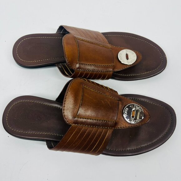 Tod's Brown Leather Silver Detailed Flat Thong Sandal, Size 8.5 - Picture 4 of 8